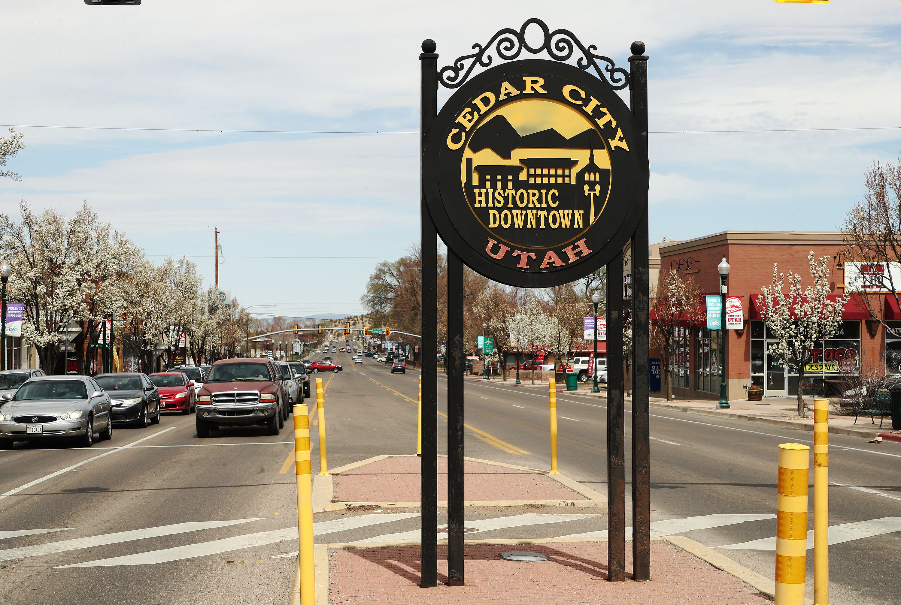 A Cedar City Historic Downtown sign is pictured on April 7, 2021. A project that seeks to improve I-15 traffic by the city's southern end and southern Iron County received a federal grant Tuesday that will cover most of the final cost.