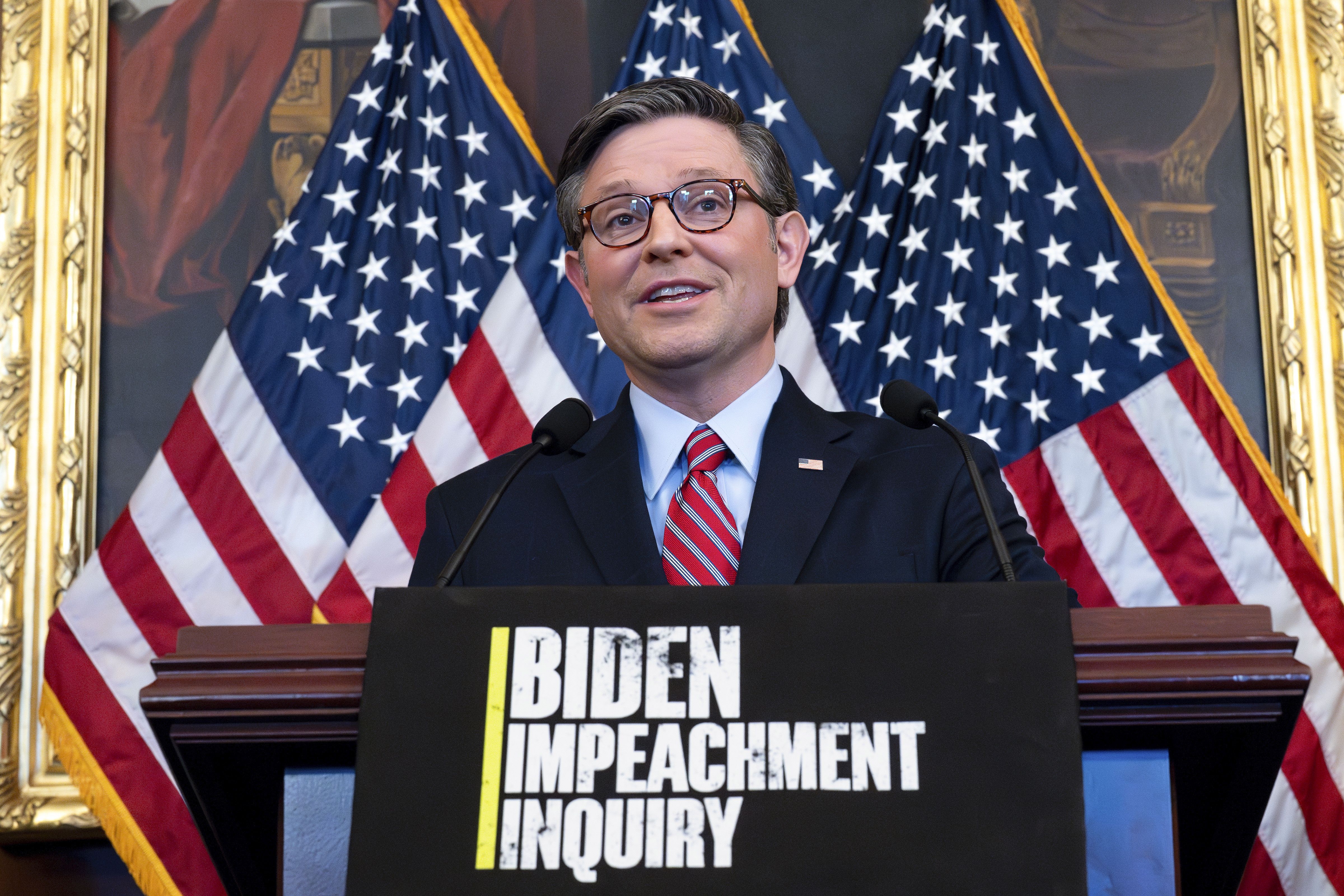 House Speaker Mike Johnson, R-La., speaks at the Capitol in Washington on Nov. 29. The House is pushing toward a vote to formally authorize the impeachment inquiry into President Joe Biden.
