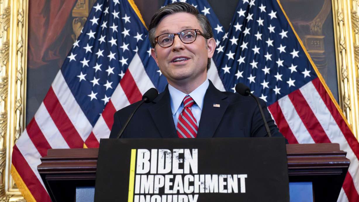 House Speaker Mike Johnson, R-La., speaks at the Capitol in Washington on Nov. 29. The House is pushing toward a vote to formally authorize the impeachment inquiry into President Joe Biden.
