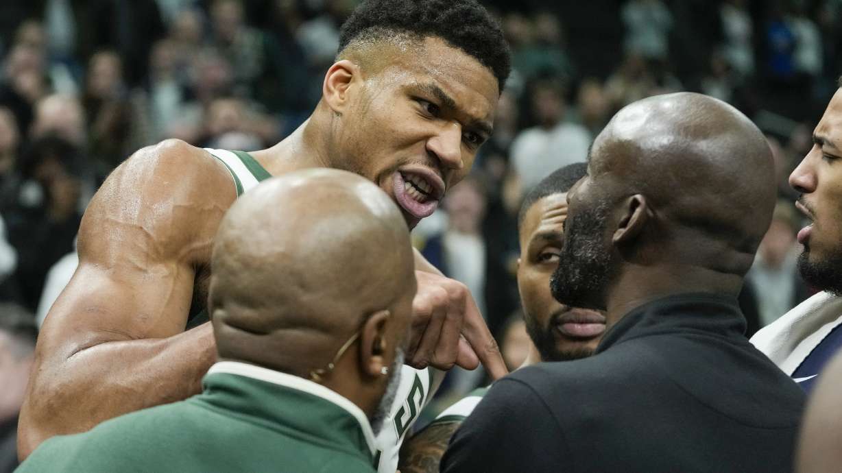 Milwaukee Bucks' Giannis Antetokounmpo argues with a Indiana Pacers coach after an NBA basketball game Wednesday, Dec. 13, 2023, in Milwaukee.