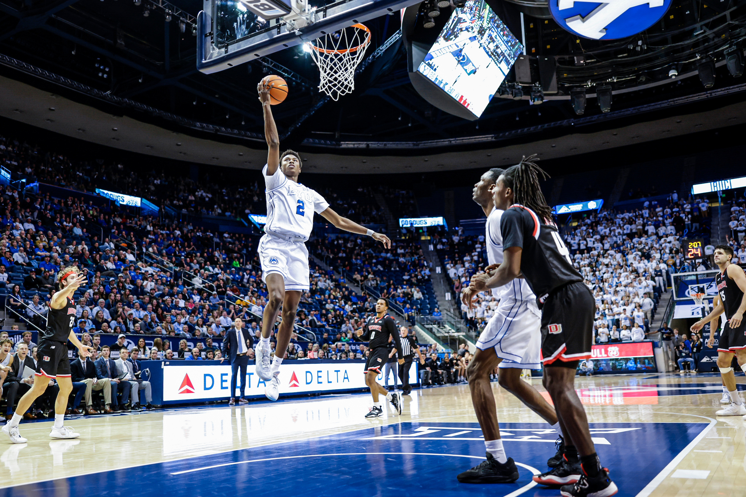 BYU wing Jaxson Robinson scored 28 points on a career-high eight 3-pointers against Denver, Wednesday, Dec. 13, 2023, at the Marriott Center in Provo.