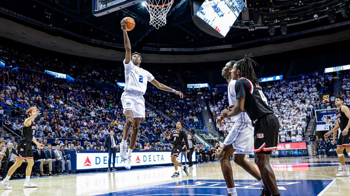 BYU wing Jaxson Robinson scored 28 points on a career-high eight 3-pointers against Denver, Wednesday, Dec. 13, 2023, at the Marriott Center in Provo.