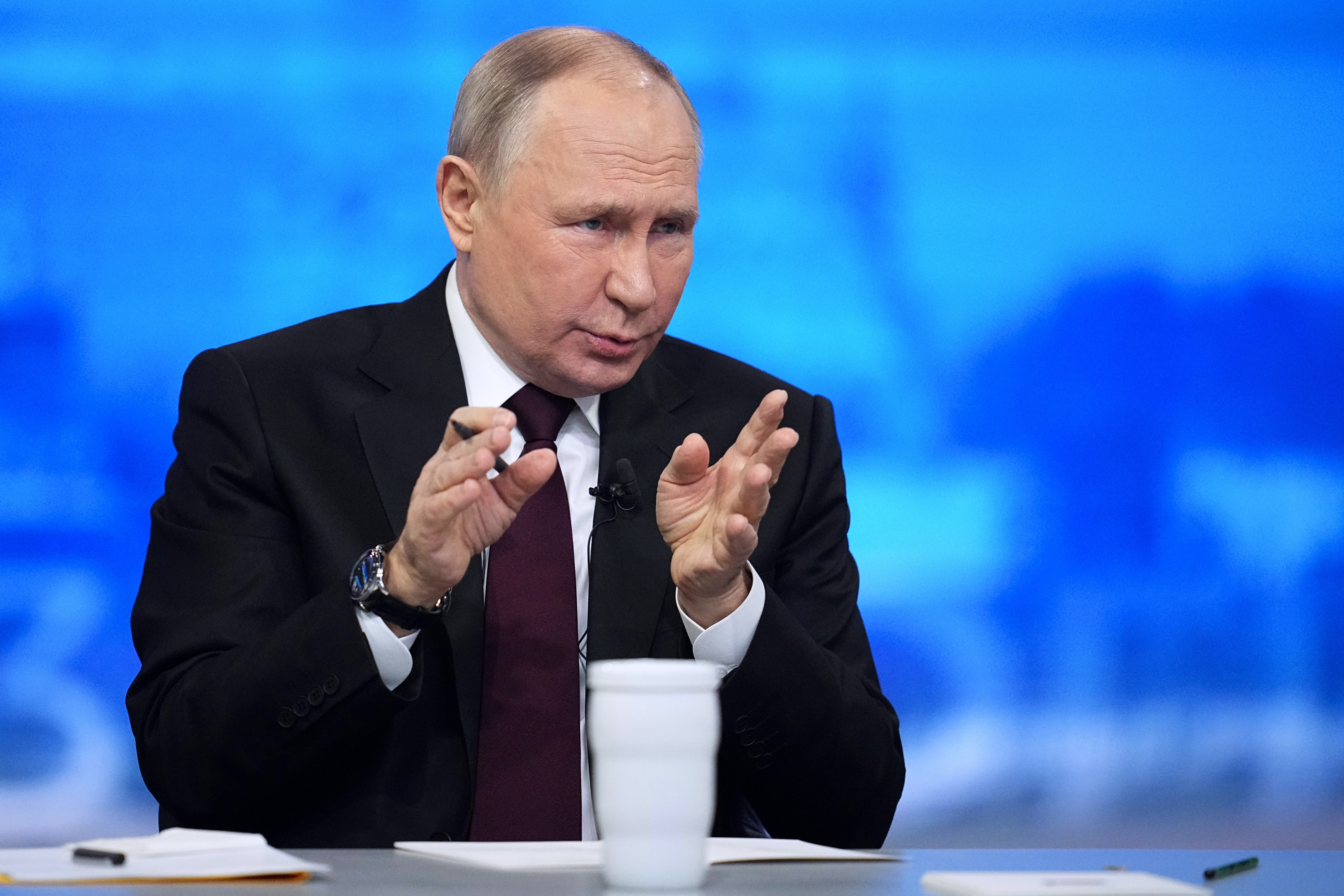 Russian President Vladimir Putin speaks during his annual news conference in Moscow, Russia, Thursday, Dec. 14, 2023. 