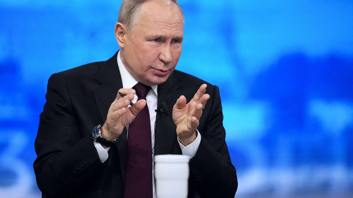 Russian President Vladimir Putin speaks during his annual news conference in Moscow, Russia, Thursday, Dec. 14, 2023.