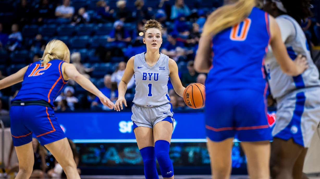 BYU guard Amari Whiting initiaties the offense during an NCAA women's basketball game against Boise State, Dec. 9, 2023, at the Marriott Center in Provo. BYU won, 65-50.