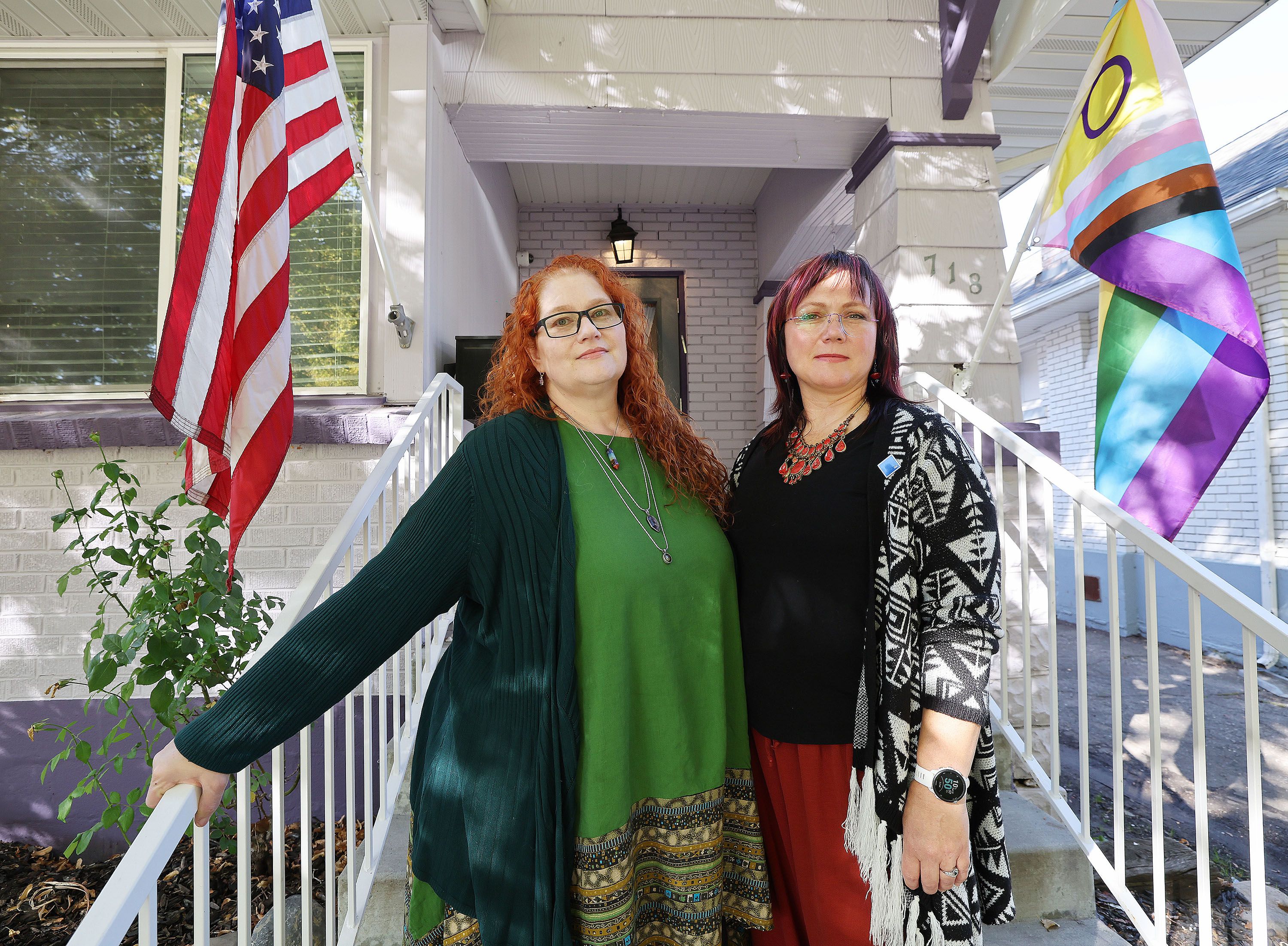 Jana Fulmer and Martha Burkett Fallis, co-founders and co-directors of My Auntie’s House, stand on the porch in Salt Lake City on Oct. 10. My Auntie’s House is a first-of-its-kind halfway house for domestic violence abusers.