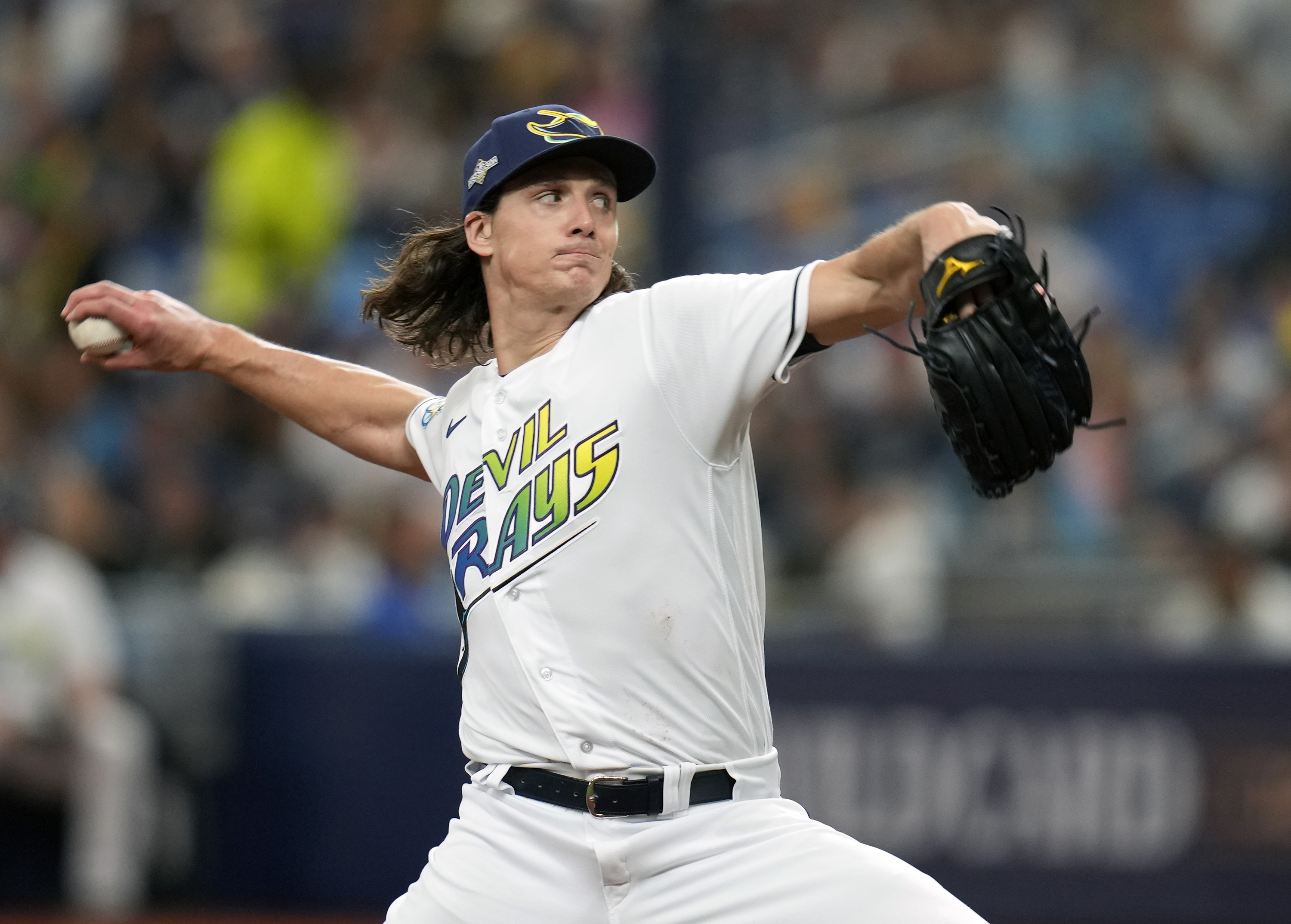 FILE - Tampa Bay Rays starting pitcher Tyler Glasnow throws against the Texas Rangers during the first inning of Game 1 in an AL wild-card baseball playoff series game Oct. 3, 2023, in St. Petersburg, Fla. The Los Angeles Dodgers have a tentative trade with the Rays to acquire right-hander Glasnow and outfielder Manuel Margot for pitcher Ryan Pepiot and outfield prospect Jonny Deluca, a person familiar with the agreement told The Associated Press, Thursday, Dec. 14, 2023. 