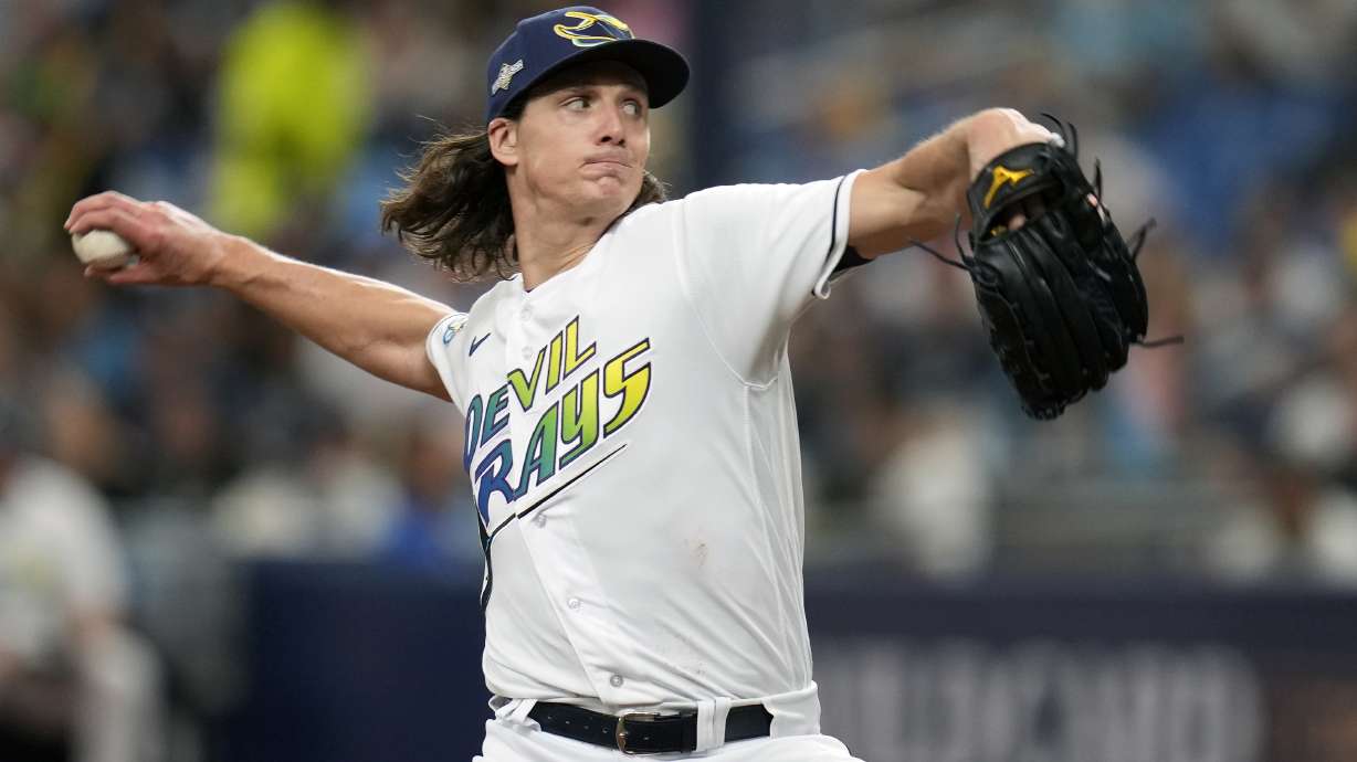 FILE - Tampa Bay Rays starting pitcher Tyler Glasnow throws against the Texas Rangers during the first inning of Game 1 in an AL wild-card baseball playoff series game Oct. 3, 2023, in St. Petersburg, Fla. The Los Angeles Dodgers have a tentative trade with the Rays to acquire right-hander Glasnow and outfielder Manuel Margot for pitcher Ryan Pepiot and outfield prospect Jonny Deluca, a person familiar with the agreement told The Associated Press, Thursday, Dec. 14, 2023.