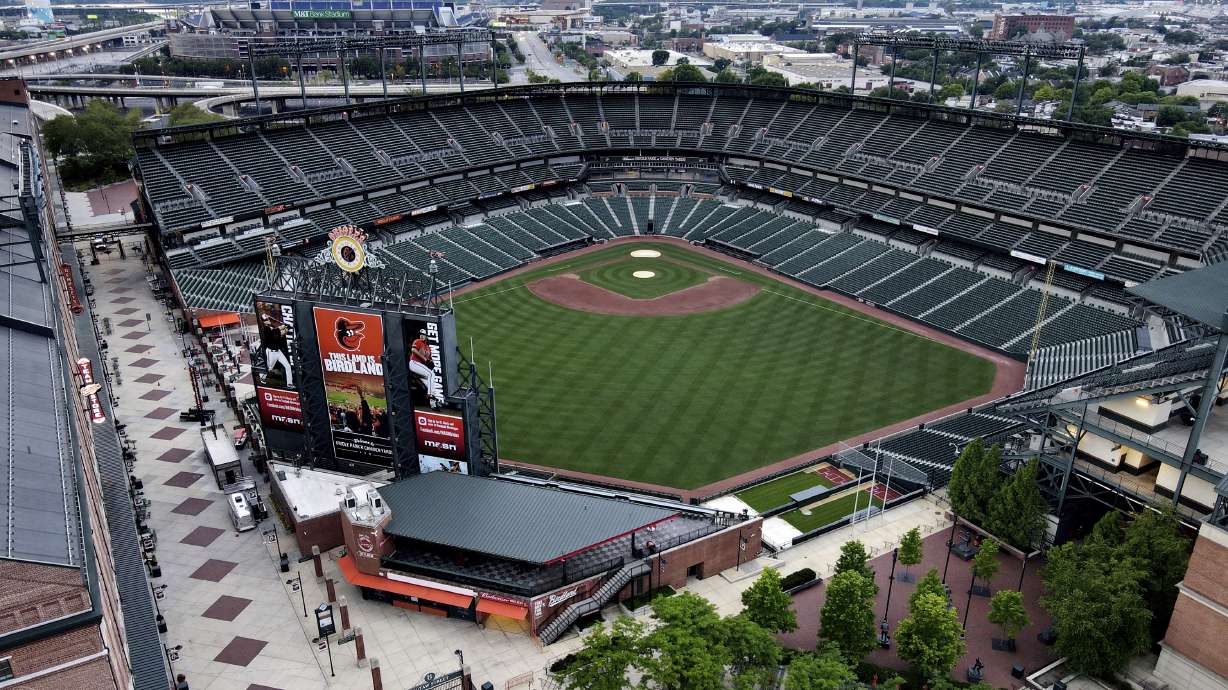 FILE - Oriole Park at Camden Yards is seen in an aerial photo June 27, 2020, in Baltimore. A long-term agreement between the Baltimore Orioles and the Maryland Stadium Authority for a new lease at Camden Yards is moving forward for a vote by state officials next week, Gov. Wes Moore announced. The agreement is slated to go before the Maryland Stadium Authority on Monday, Dec. 18, 2023.