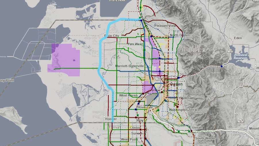 The image shows the tentative S.R. 177 alignment, in blue, through western Weber County. The roadway, still years off, would be the extension of the West Davis Corridor in neighboring Davis County.