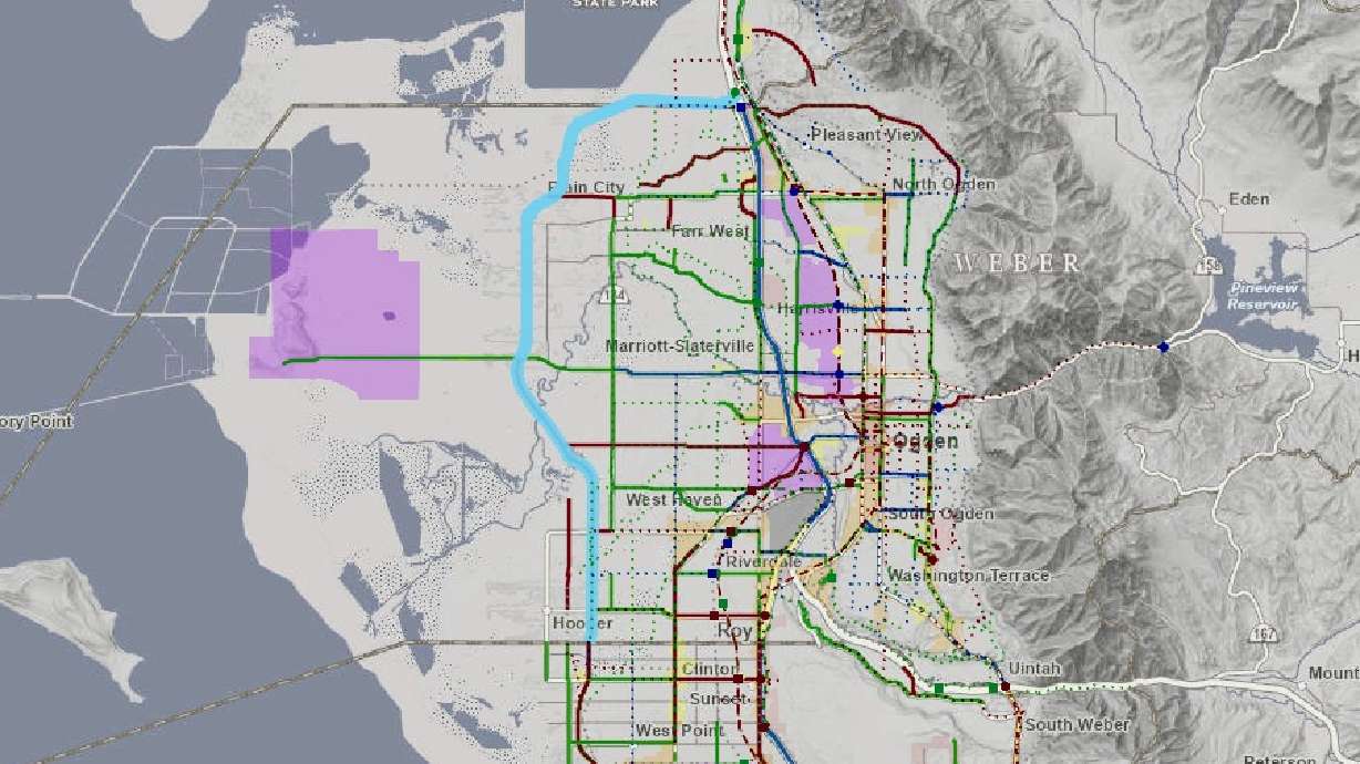 The image shows the tentative West Weber Corridor alignment, in blue, through western Weber County. The roadway, still years off, would be the extension of the West Davis Corridor in neighboring Davis County.