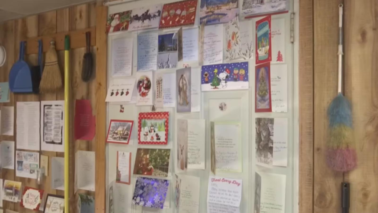 Christmas cards from people all over the United States are pictured in 93-year-old Larry Pratt's home after a Facebook post he made went viral.