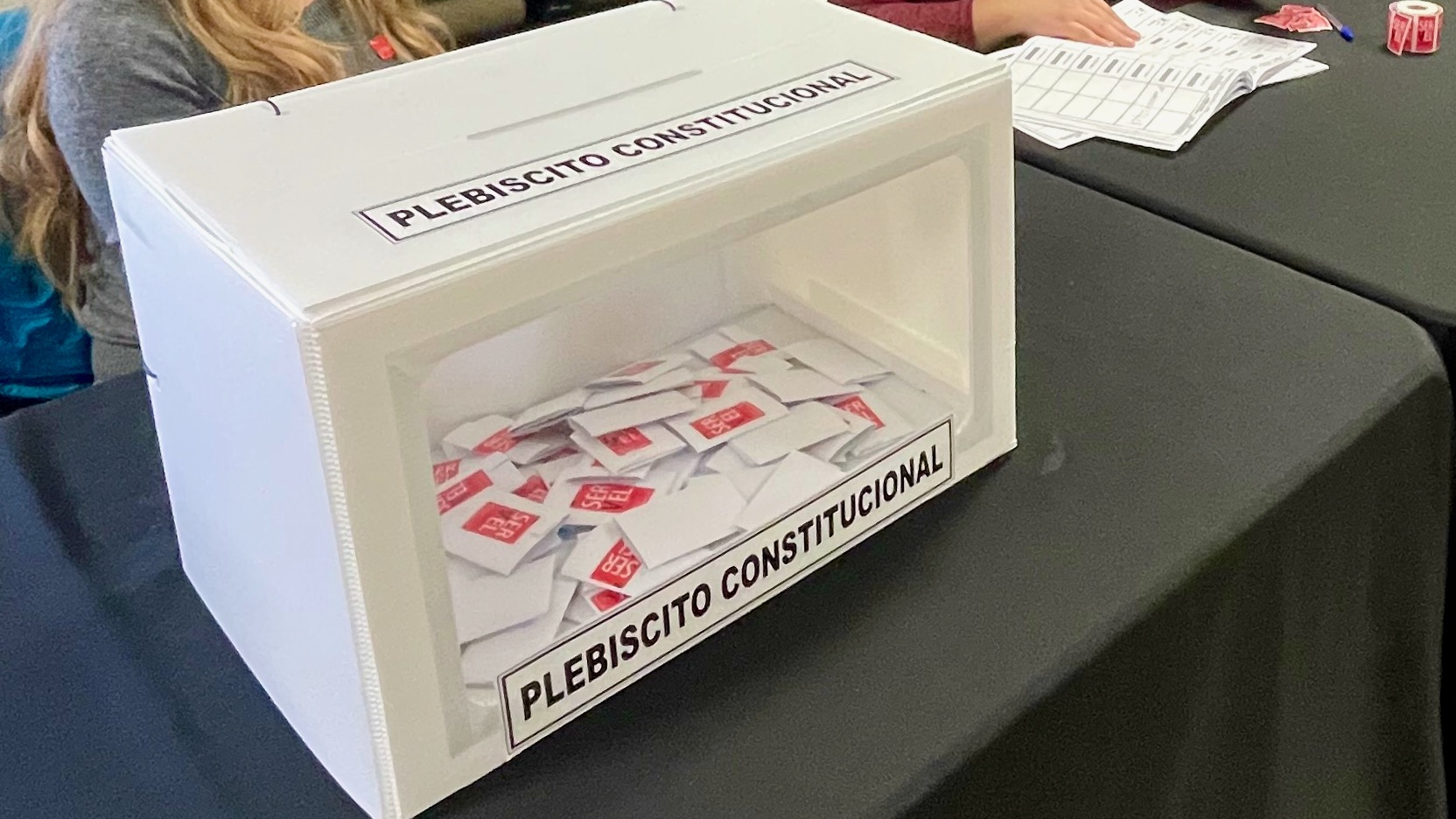 A collection box for ballots cast Sunday on the proposed new Chilean constitution by expatriate Chileans at a polling site in Sandy. Expatriate Chileans voted at remote sites around the world.