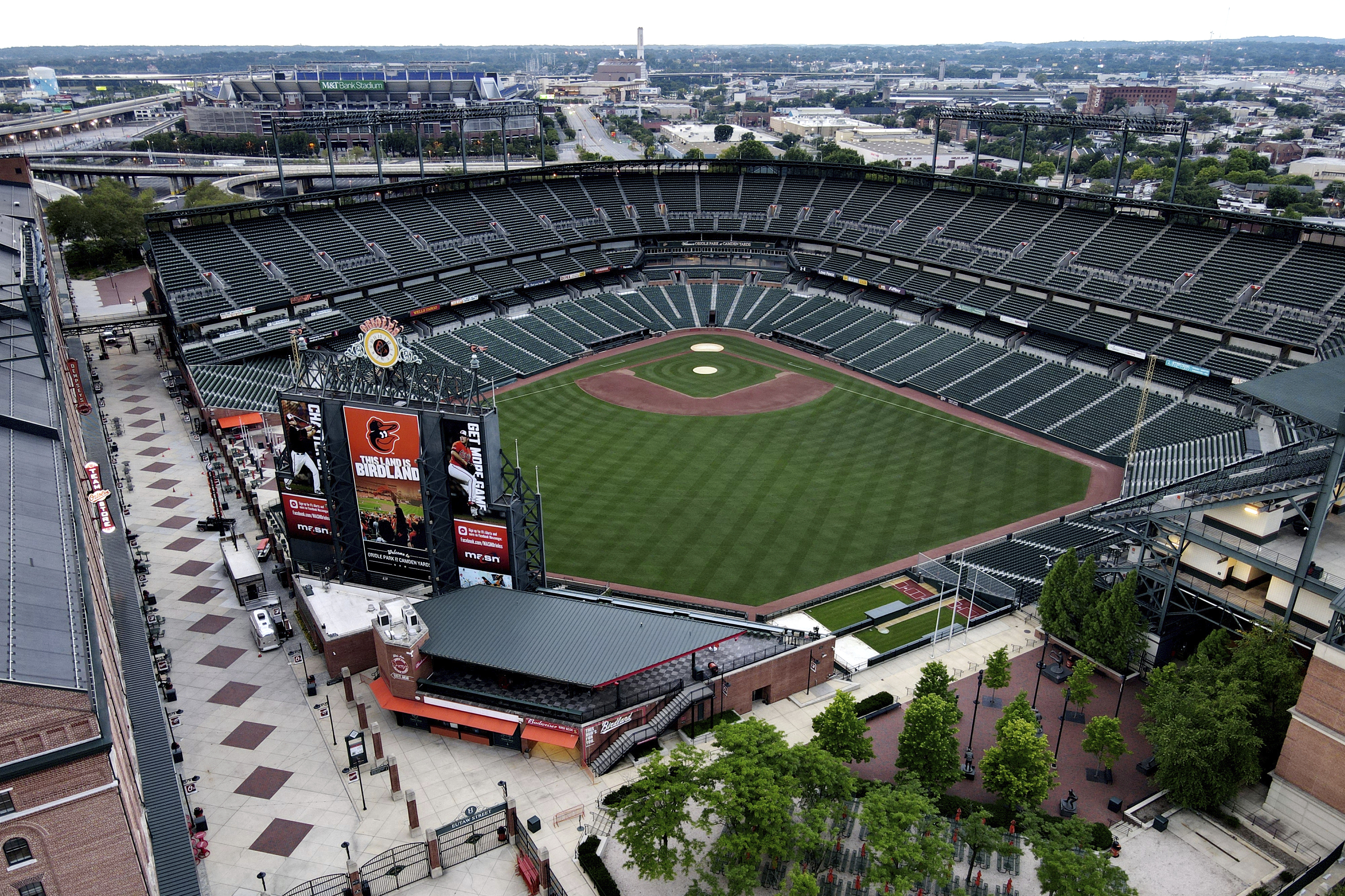FILE - Oriole Park at Camden Yards is seen in an aerial photo June 27, 2020, in Baltimore. A long-term agreement between the Baltimore Orioles and the Maryland Stadium Authority for a new lease at Camden Yards is moving forward for a vote by state officials next week, Gov. Wes Moore announced. The agreement is slated to go before the Maryland Stadium Authority on Monday, Dec. 18, 2023.