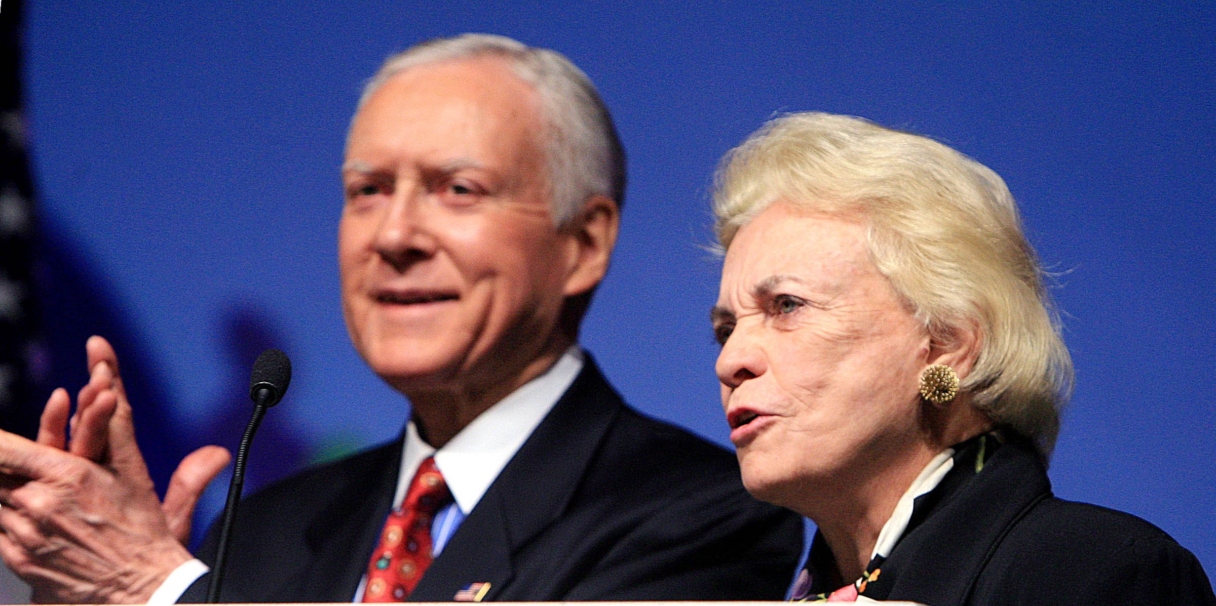 Former U.S. Supreme Court Justice Sandra Day O’Connor is presented to the conference by Sen. Orrin Hatch prior to her address to the Women’s Conference, Oct. 28, 2006, at the Salt Palace in Salt Lake City.