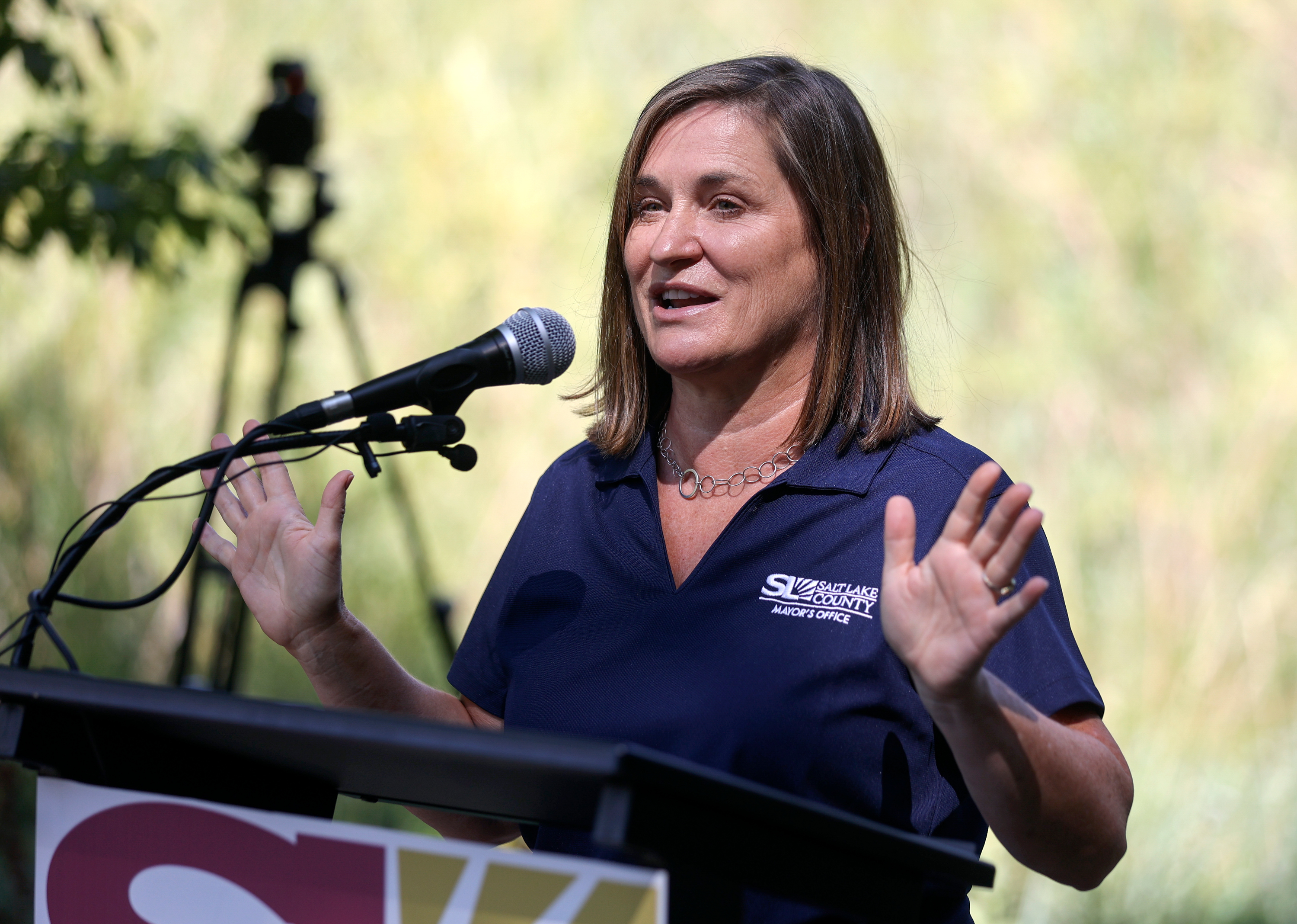 Salt Lake County Mayor Jenny Wilson speaks at a ribbon cutting ceremony for Butterfield Trailhead Regional Park near Herriman on Aug. 31. Wilson on Monday announced she is running for reelection.