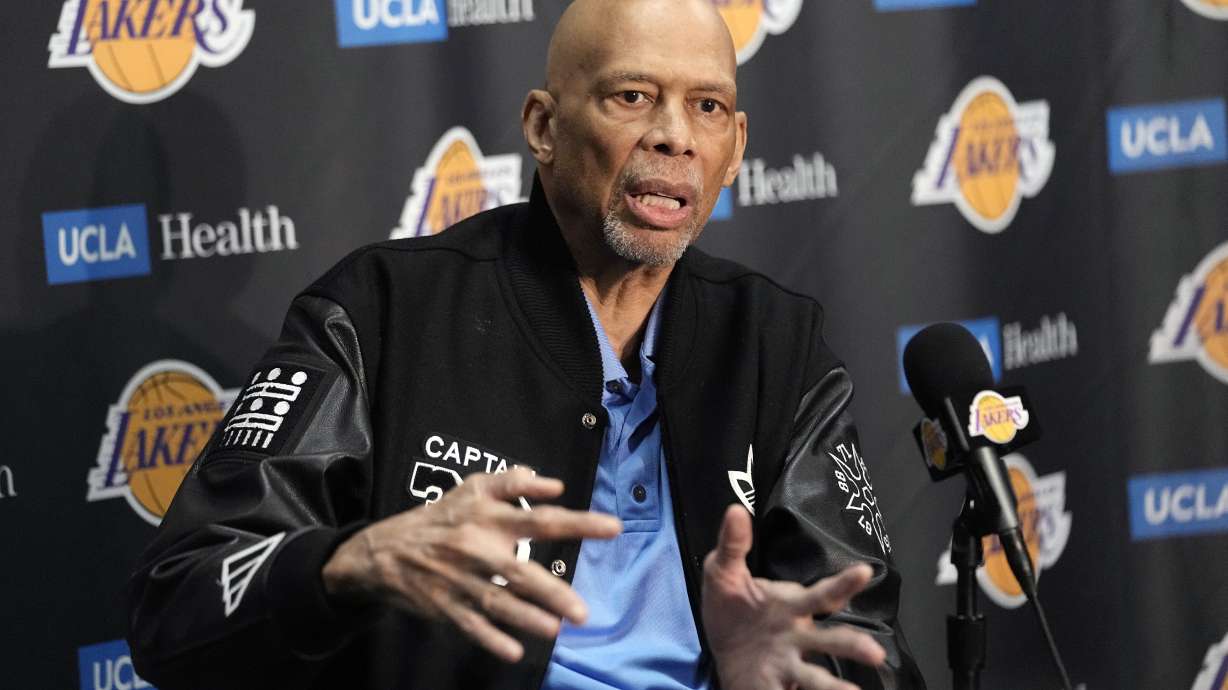 Kareem Abdul-Jabbar speaks during a news conference prior to an NBA basketball game between the Los Angeles Lakers and the Milwaukee Bucks Thursday, Feb. 9, 2023, in Los Angeles. Kareem Abdul-Jabbar fell at a concert in Los Angeles and broke his hip. The NBA Hall of Famer was attending a show Friday night Dec. 15, 2023 when he was injured. Paramedics at the undisclosed venue responded and the 76-year-old was transported to a hospital for treatment.