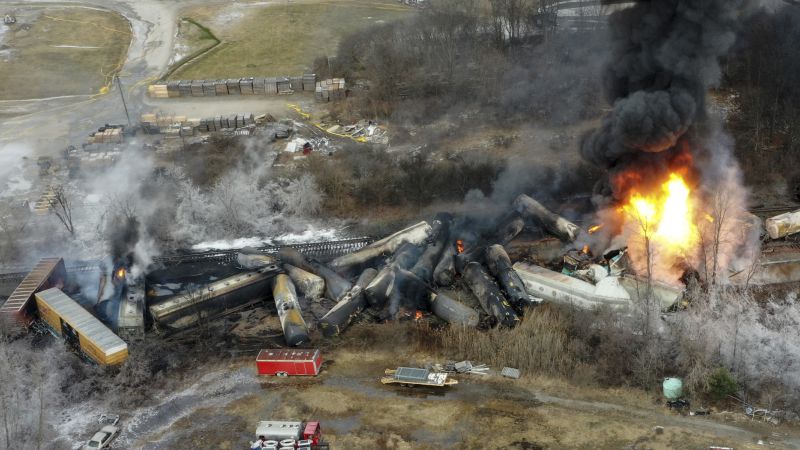 This photo taken with a drone shows portions of a Norfolk and Southern freight train that derailed the night before in East Palestine, Ohio, on Feb. 4.