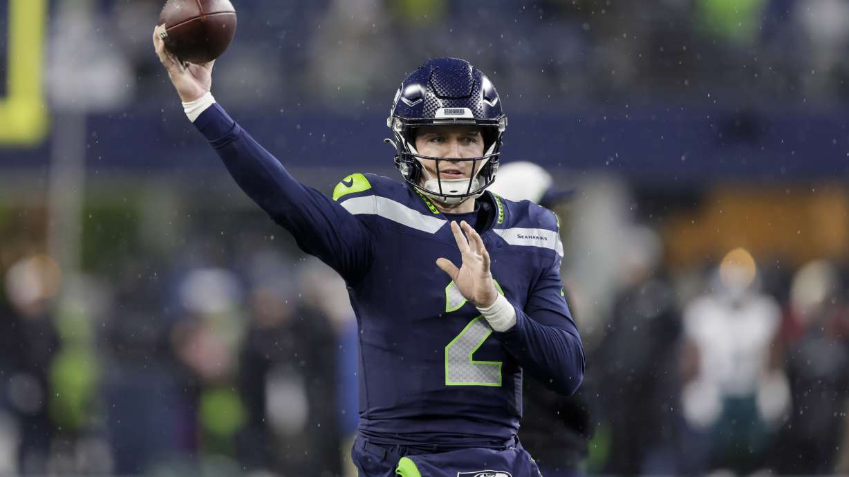 Seattle Seahawks quarterback Drew Lock works out prior to an NFL football game against the Philadelphia Eagles, Monday, Dec. 18, 2023, in Seattle.