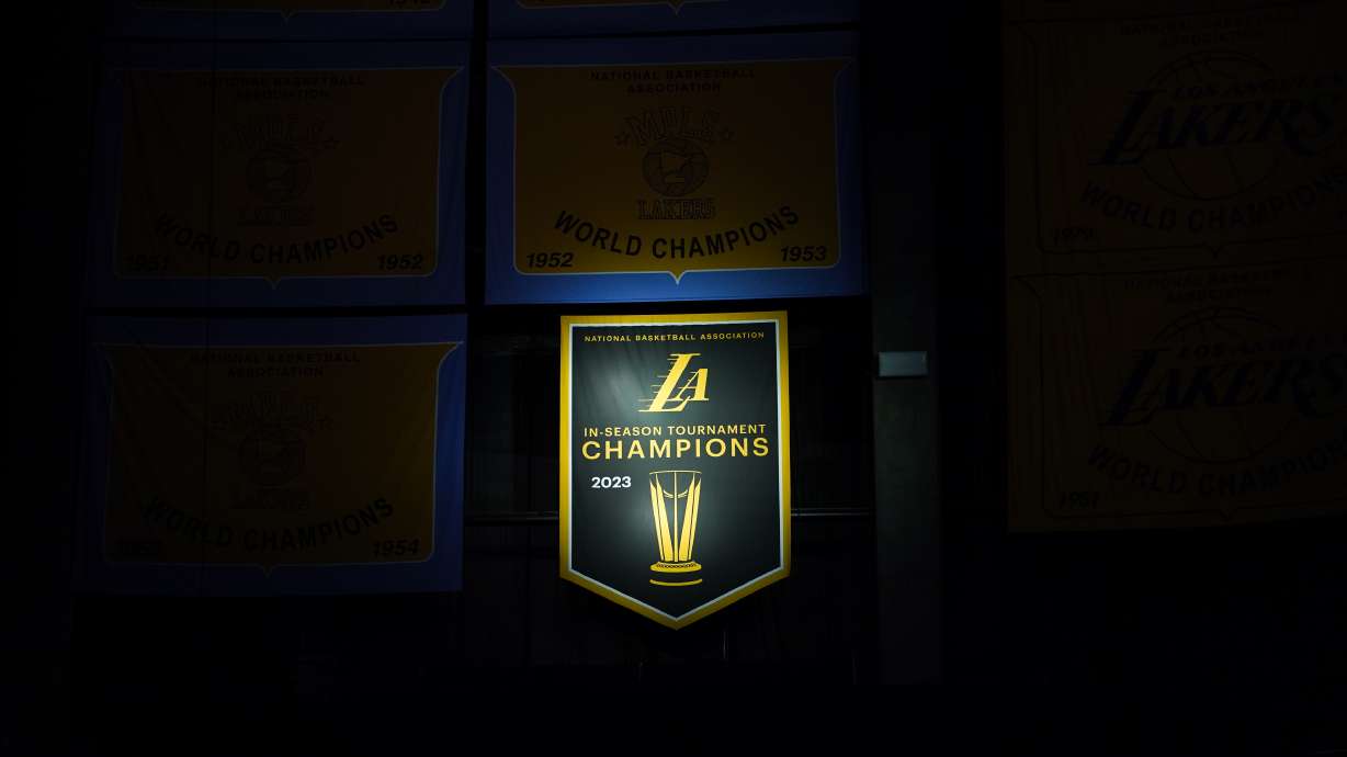 The 2023 NBA In-Season Tournament Champions banner is displayed before an NBA basketball game between the Los Angeles Lakers and the New York Knicks, Monday, Dec. 18, 2023, in Los Angeles.