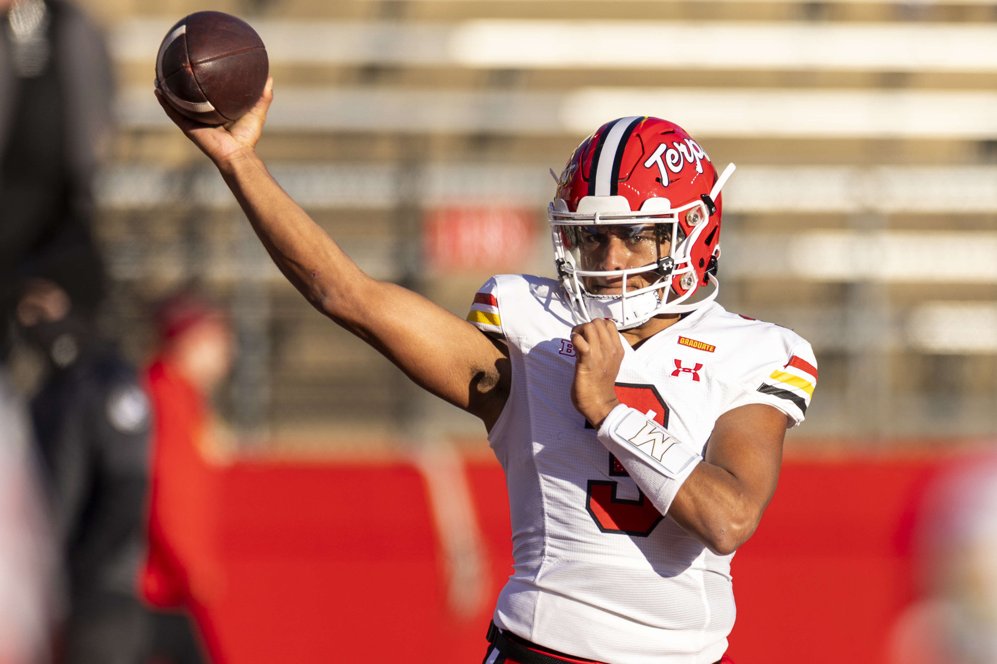 Maryland quarterback Taulia Tagovailoa (3) warms up before an NCAA college football game against Rutgers, Saturday, Nov. 25, 2023, in Piscataway, N.J.