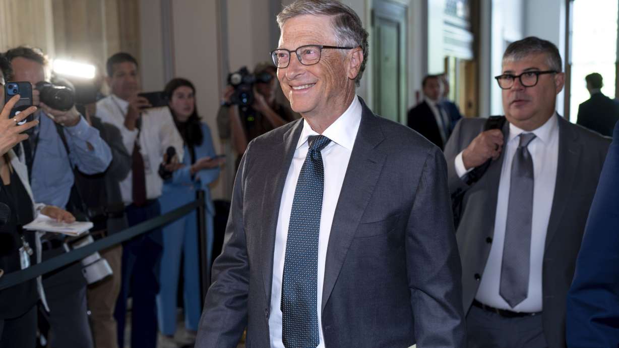 Bill Gates arrives on Capitol Hill for a gathering of tech CEOs to discuss the priorities and risks of artificial intelligence and regulation, in Washington on Sept. 13. Gates focused onoptimistic potentials for AI in his year-end letter released Tuesday.