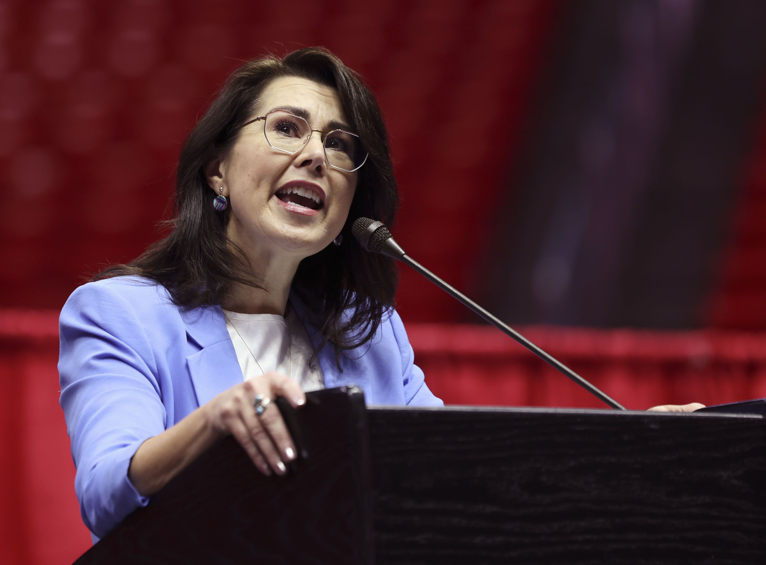 Lt. Gov. Deidre Henderson speaks in Salt Lake City on March 10. She does not believe a Colorado Supreme Court ruling will affect Utah elections in the near future.