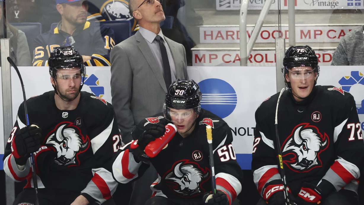 Buffalo Sabres coach Don Granato looks up during the third period of the team's NHL hockey game against the Columbus Blue Jackets on Tuesday, Dec. 19, 2023, in Buffalo, N.Y.