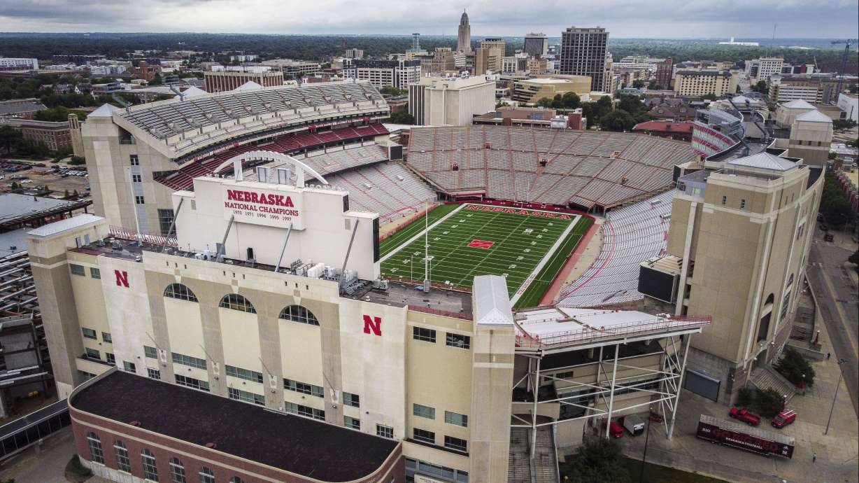 FILE _ Memorial Stadium in Lincoln, Neb., where the Nebraska team plays NCAA college football, is seen in an aerial photo, in this undated image. The University of Nebraska is planning a $450 million renovation of the Cornhuskers’ football stadium in Lincoln and at the same time looking to cut millions of dollars from the university system, leading critics to question whether officials care more about athletics than academics.