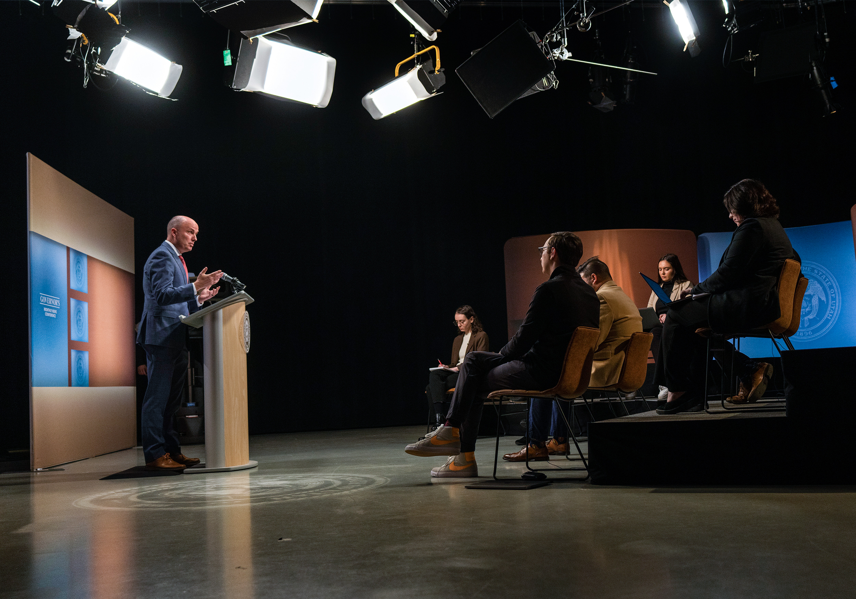 Gov. Spencer Cox speaks to media during a monthly news conference at PBS Utah at the Eccles Broadcast Center in Salt Lake City, Wednesday. Cox said he's "optimistic" about the state's upcoming strategic plan to save the Great Salt Lake.