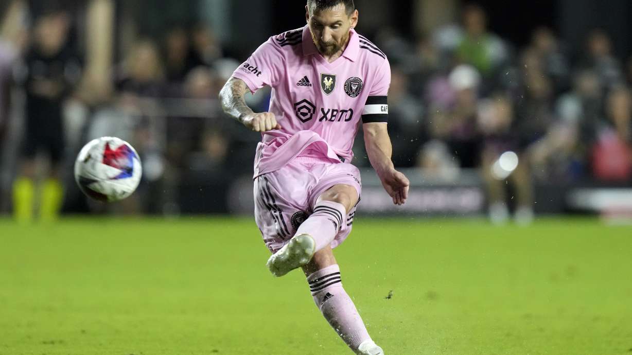 FILE - Inter Miami forward Lionel Messi attempts a penalty kick during the second half of a club friendly soccer match against New York City FC, Friday, Nov. 10, 2023, in Fort Lauderdale, Fla. Saudi Arabia’s Public Investment Fund, or PIF, the nation's sovereign wealth fund, made a reported $500 million-a-year play to recruit Messi to its upstart domestic league, though Messi turned them down.