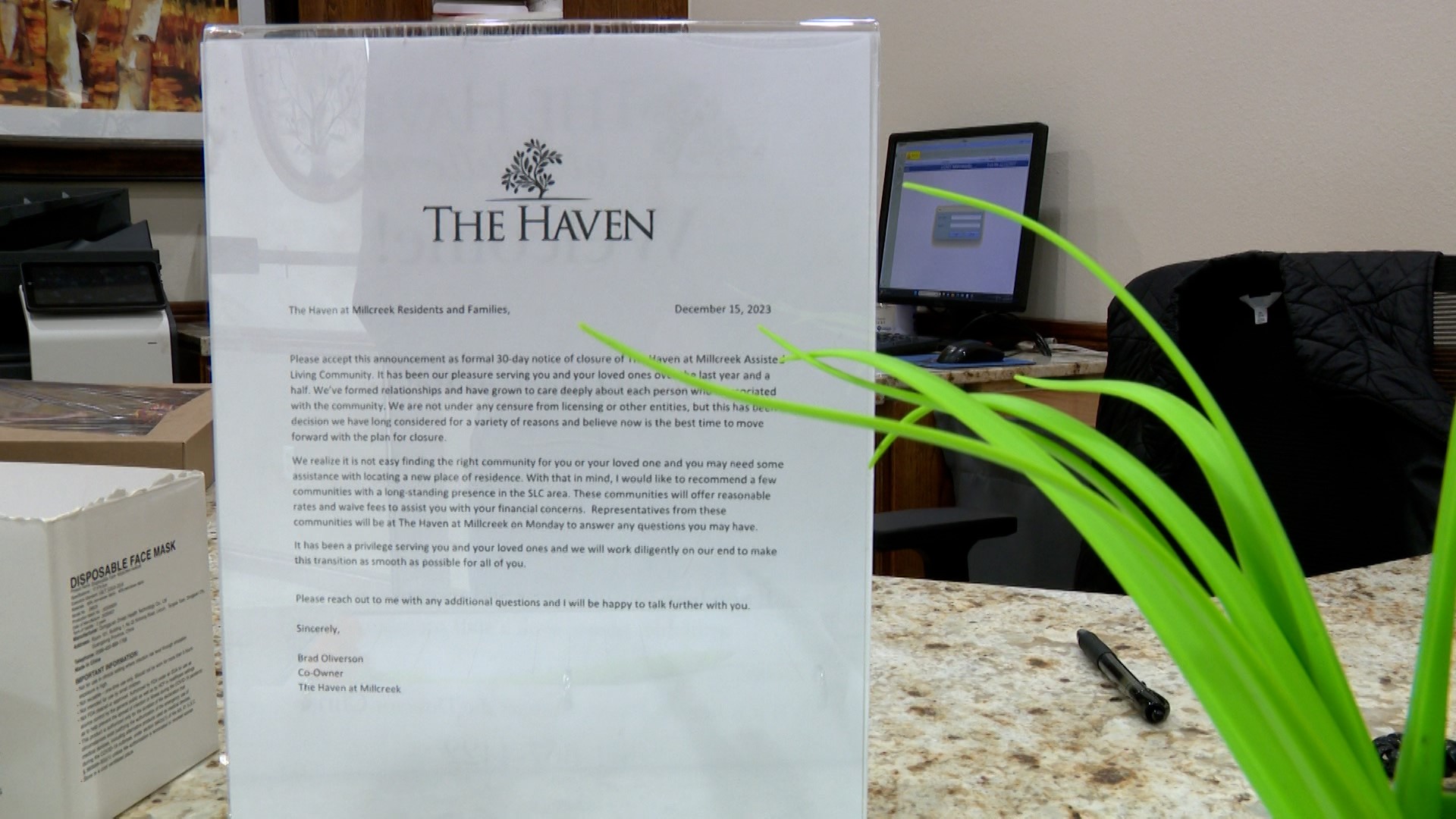 The notice of closure is set at the The Haven at Millcreek front desk on Tuesday.