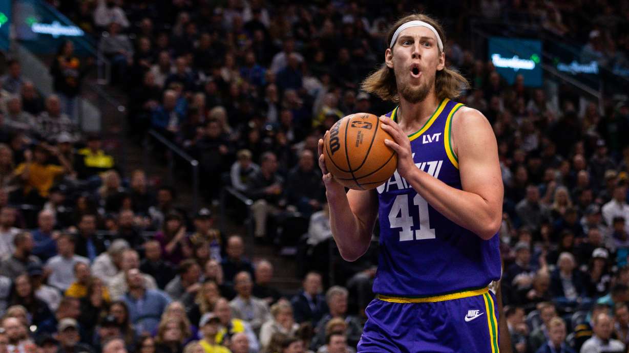 Utah Jazz forward Kelly Olynyk (41) reacts to a call by the referee during an NBA basketball game between the Utah Jazz and the New Orleans Pelicans at the Delta Center in Salt Lake City on Monday, Nov. 27, 2023.