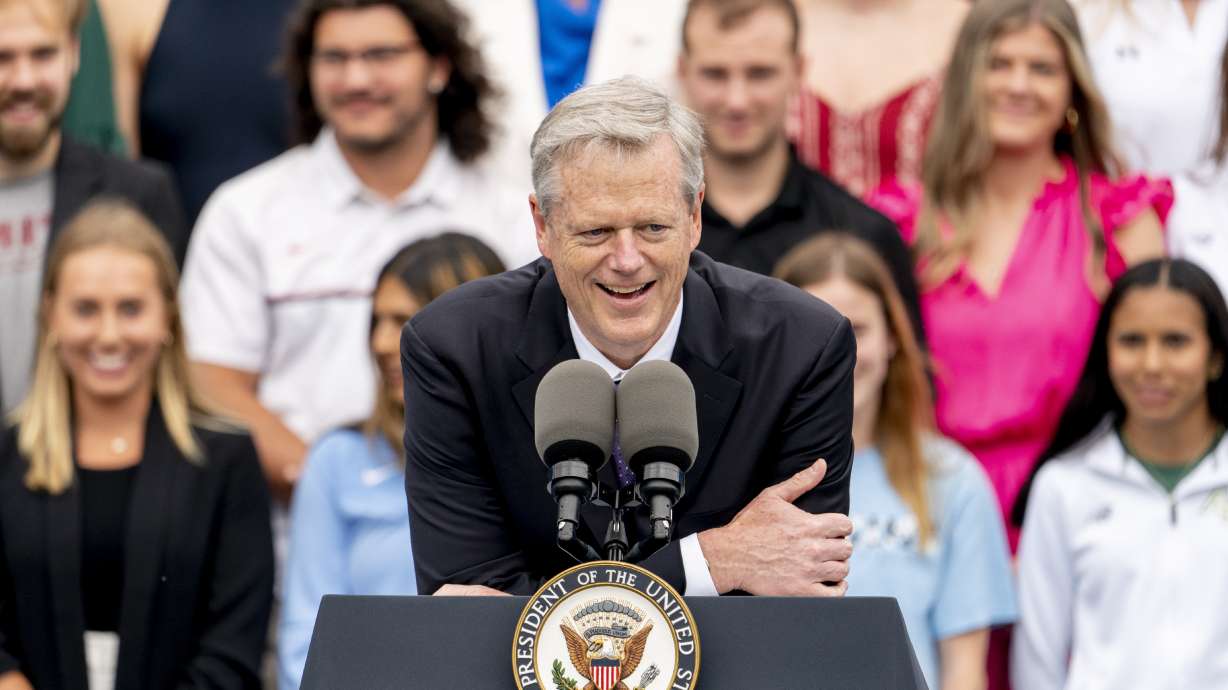 FILE - NCAA President Charlie Baker speaks as the women's and men's NCAA Champion teams from the 2022-2023 season are celebrated during College Athlete Day on the South Lawn of the White House, Monday, June 12, 2023, in Washington. Former Massachusetts governor and Harvard basketball player turned president of the National Collegiate Athletic Association, Baker has outlined a vision at the very top of college sports in an attempt to grapple with one of the diciest issues facing the NCAA — how best to compensate college athletes.