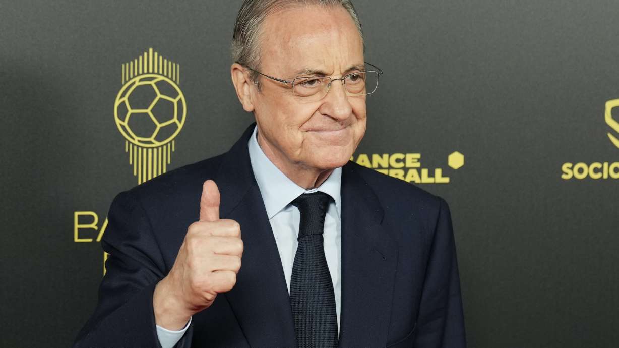 FILE - Real Madrid president Florentino Perez poses for a picture prior the 66th Ballon d'Or ceremony at Theatre du Chatelet in Paris, France, Monday, Oct. 17, 2022. The European Union’s top court has ruled UEFA and FIFA acted contrary to EU competition law by blocking plans for the breakaway Super League. The case was heard last year at the Court of Justice after Super League failed at launch in April 2021. UEFA President Aleksander Ceferin called the club leaders “snakes” and “liars.”