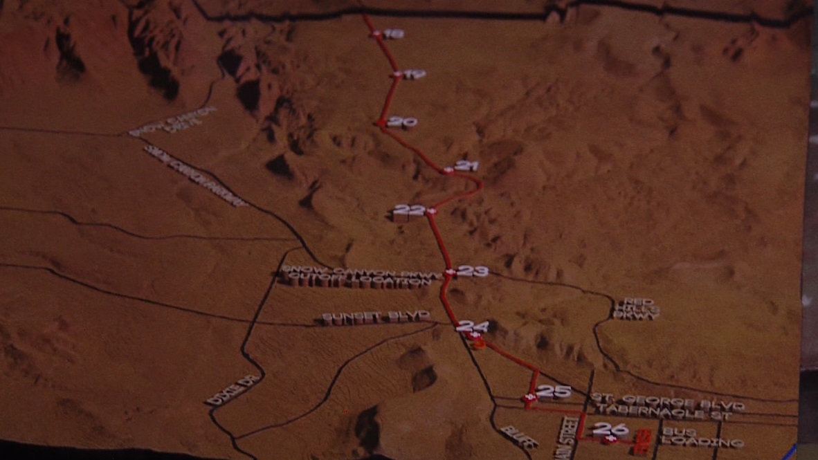 Specific points of interest are shown along the route of the St. George Marathon in southern Utah.