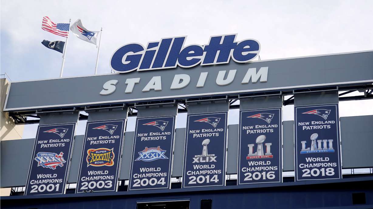 FILE - Championship banners hang at Gillette Stadium before an NFL football game in Foxborough, Mass on Sept. 22, 2019. Two Rhode Island men, John Vieira and Justin Mitchell, have been charged with assault and battery and disorderly conduct by police in connection with the death of a fan, Dale Mooney, at a New England Patriots game in September. The review of the available evidence failed to establish a basis for criminal prosecution of charges related to homicide in Mooney's death, Norfolk District Attorney Michael Morrissey said in a statement Thursday, Dec. 21, 2023.