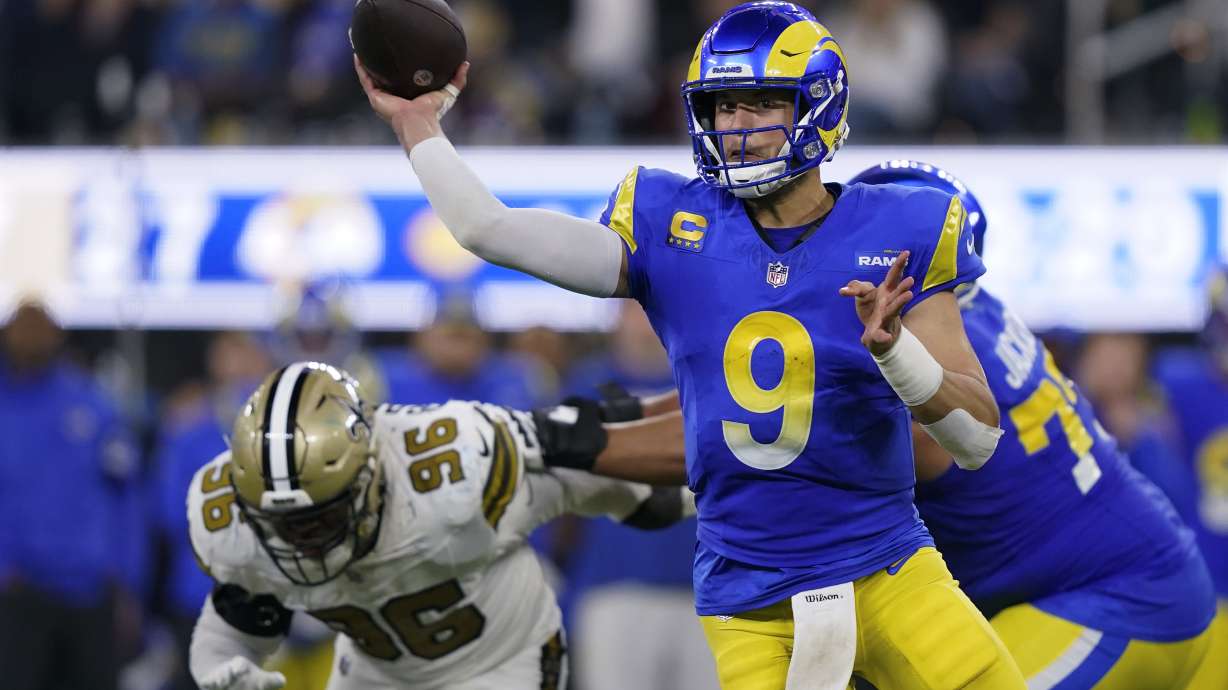 Los Angeles Rams quarterback Matthew Stafford (9) throws a pass during the second half of n NFL football game against the New Orleans Saints, Thursday, Dec. 21, 2023, in Inglewood, Calif.