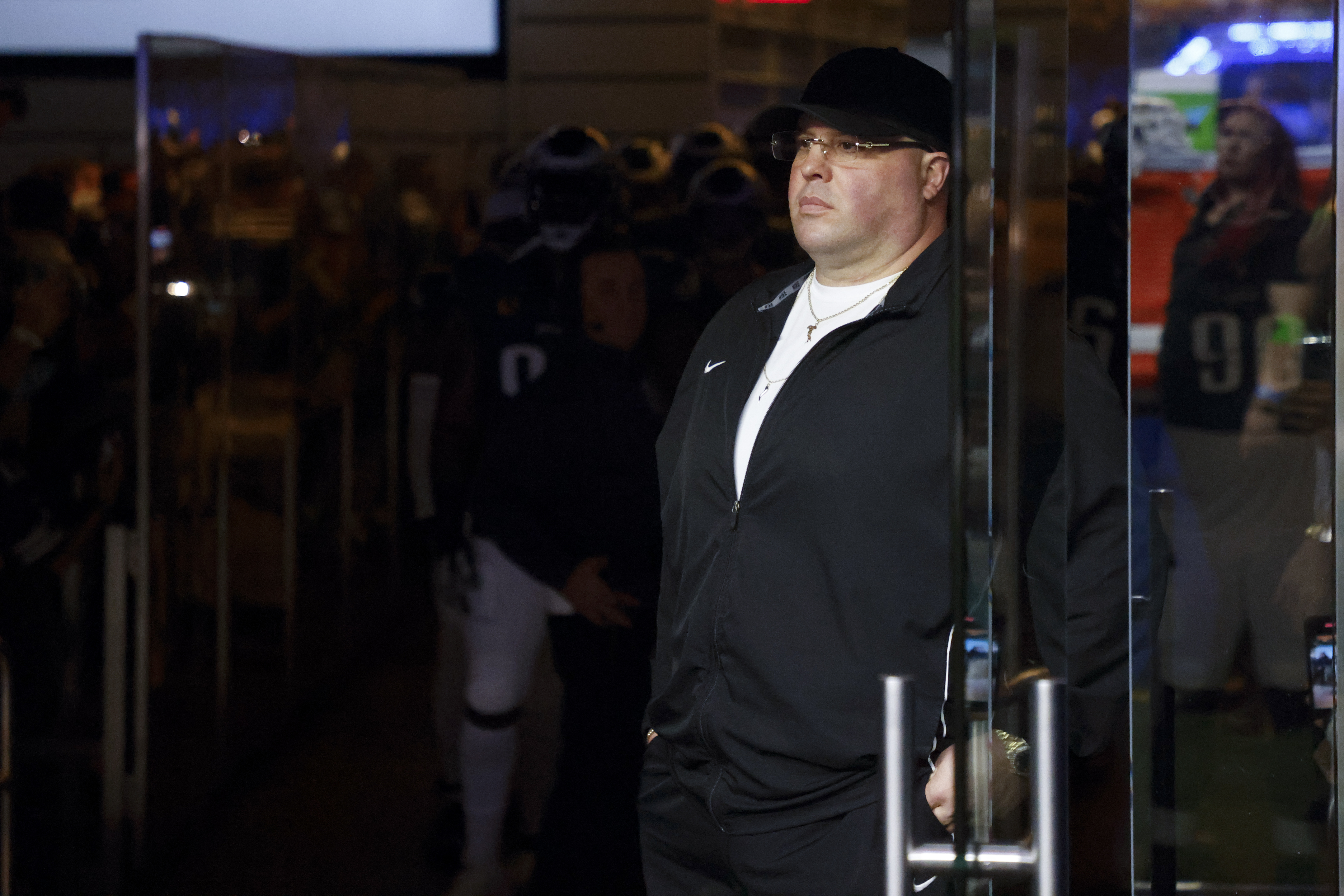 Dom DiSandro, Philadelphia Eagles chief security officer and senior advisor to general manager Howie Roseman, looks on during player introductions prior to an NFL football game against the Dallas Cowboys, Sunday, Dec. 10, 2023, in Arlington, Texas.