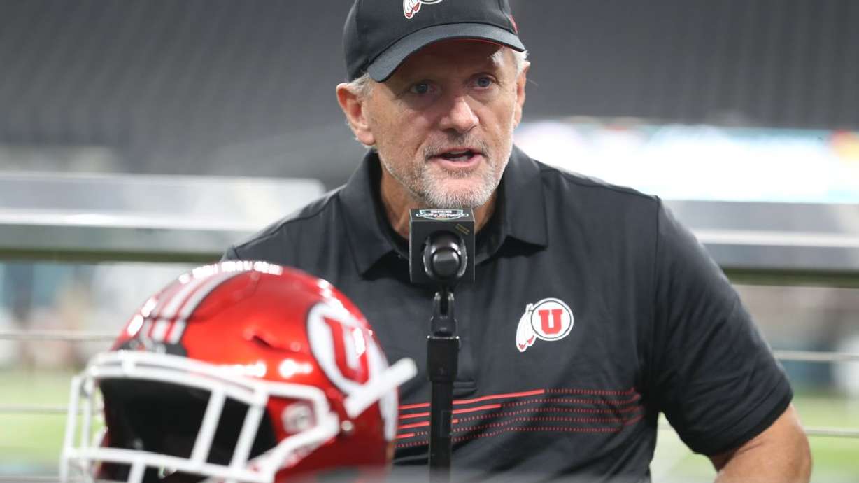 Kyle Whittingham of the University of Utah at the Kickoff Media Conference prior to the 2023 Las Vegas Bowl.