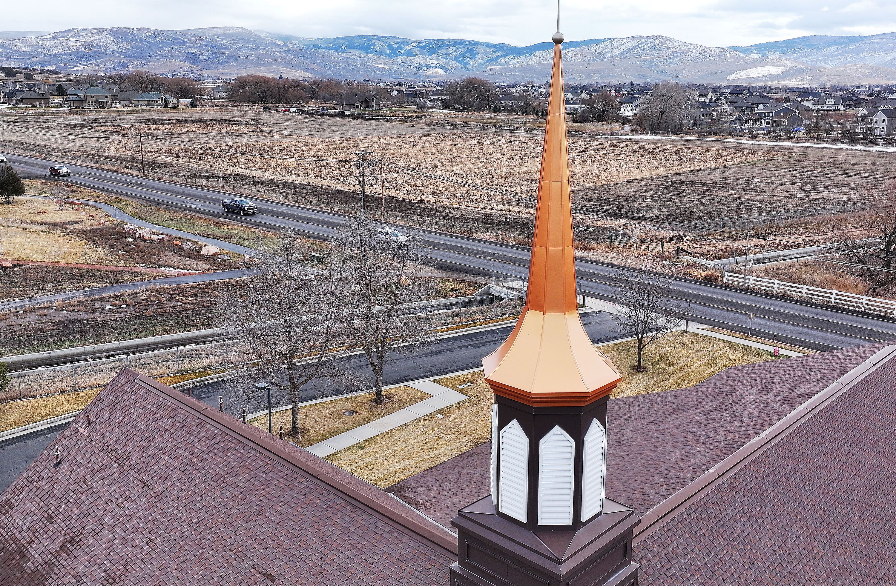 A chapel and the grounds across the street where a Latter-day Saint temple will be built in Heber City on Wednesday.