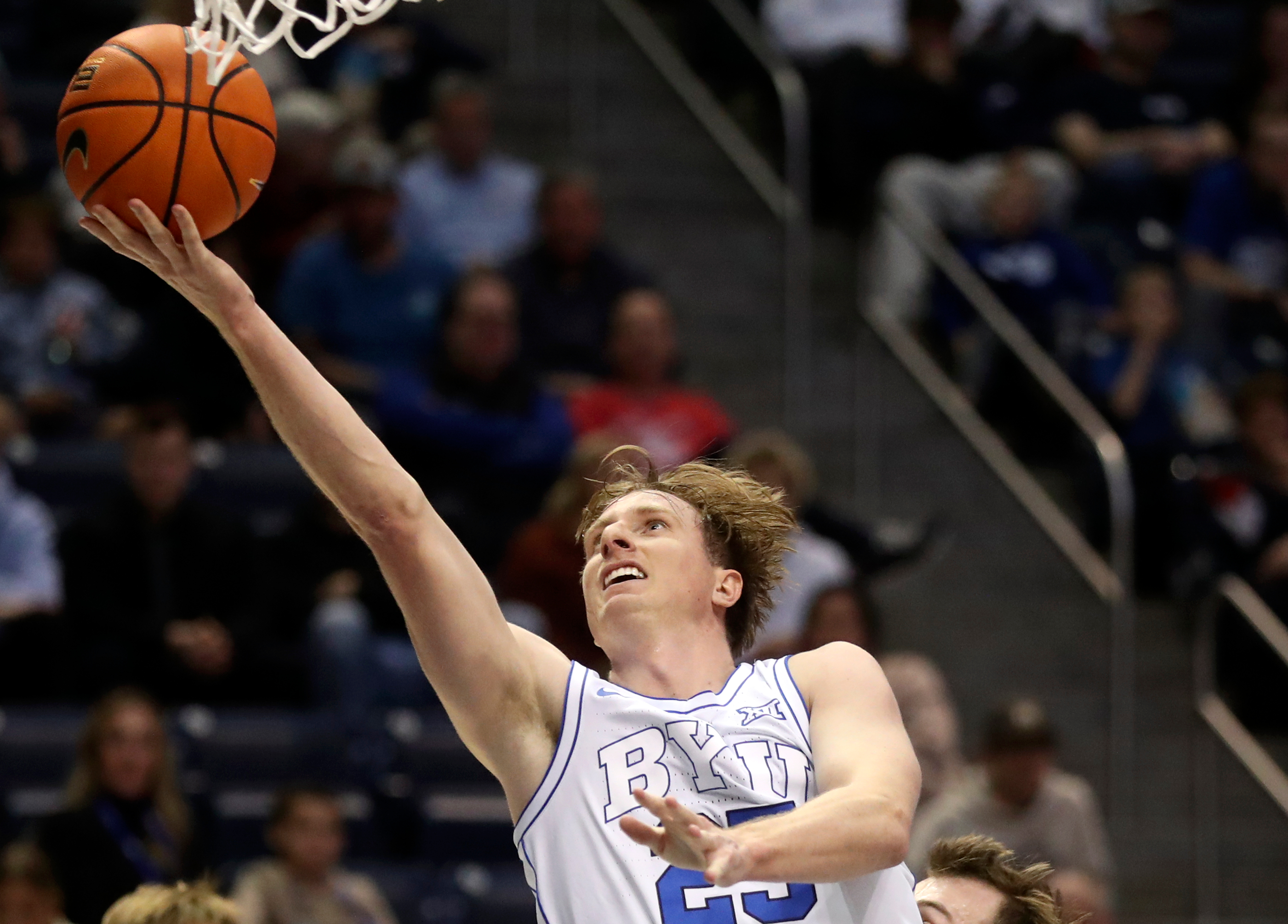 Brigham Young guard Dawson Baker (25) shoots during a men’s basketball game against the Bellarmine Knights at the Marriott Center in Provo on Friday, Dec. 22, 2023. BYU won 101-59.
