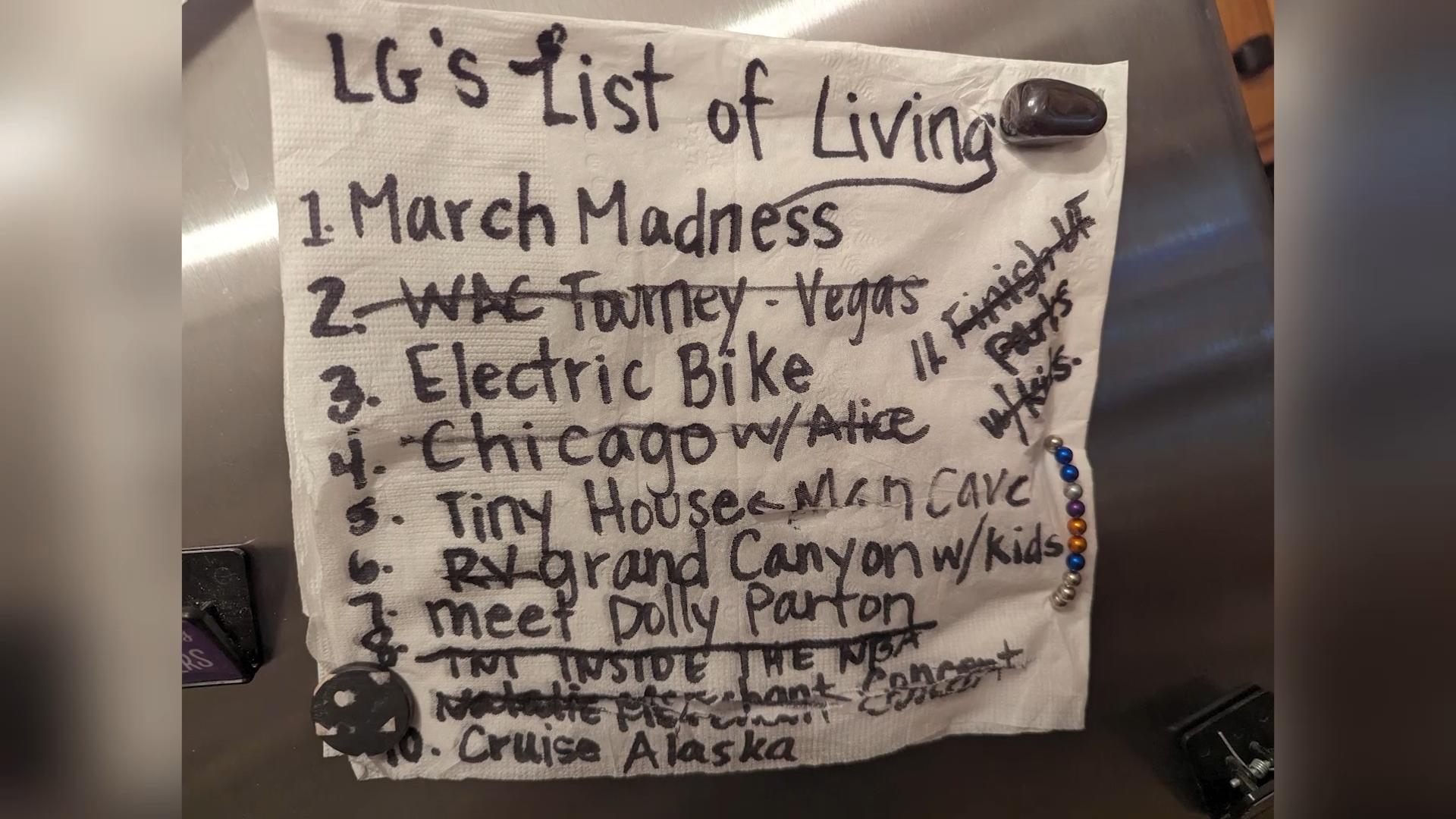 LeGrand Gold’s “List of Living” with No. 7, “Meet Dolly Parton,” still listed as unmet.