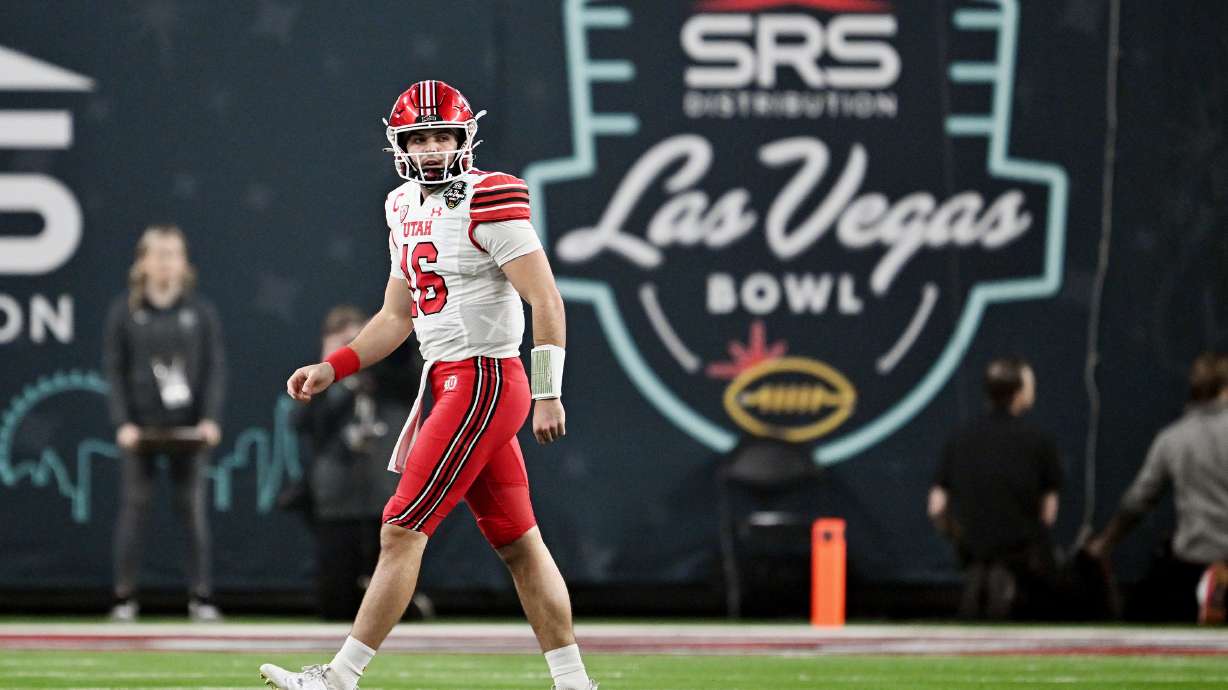 Utah Utes quarterback Bryson Barnes (16) walks off the field after being sacked as Utah and Northwestern play in the SRS Distribution Las Vegas Bowl on Saturday, Dec. 23, 2023.