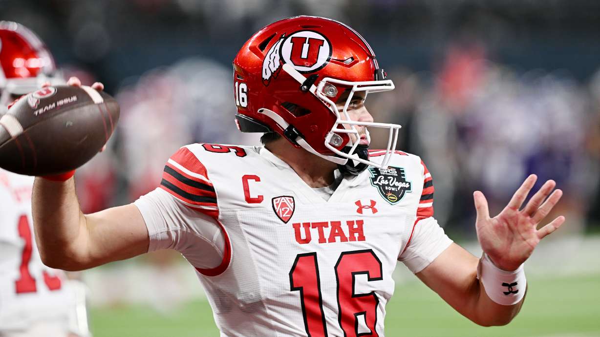 Utah Utes quarterback Bryson Barnes (16) warms up as Utah and Northwestern prepare to play in the SRS Distribution Las Vegas Bowl on Saturday, Dec. 23, 2023.