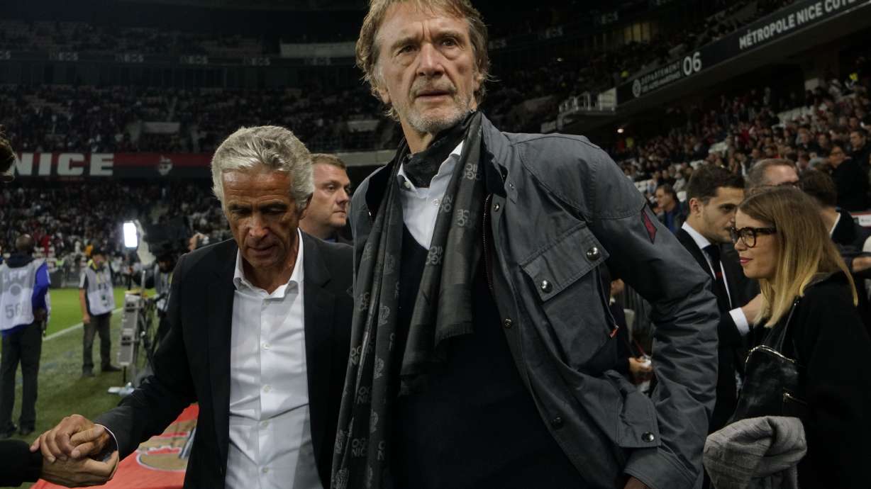 FILE - Sir Jim Ratcliffe looks on ahead of the French League One soccer match between Nice and Paris Saint Germain in Allianz Riviera stadium in Nice, southern France, on Oct.18, 2019. More than a year after it was put up for sale, Manchester United said Sunday that British billionaire Jim Ratcliffe had agreed to buy a minority stake in the storied Premier League club. Ratcliffe, who owns petrochemicals giant INEOS and is one of Britain’s richest people, has bought a stake of “up to 25%” of the 20-time league champions and will invest $300 million in its Old Trafford stadium.