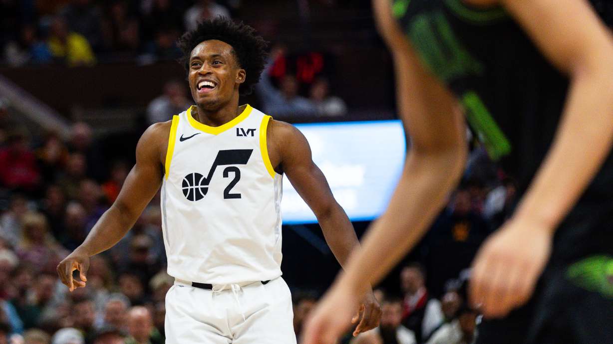 Utah Jazz guard Collin Sexton (2) smiles after scoring a 3-point basket in the fourth quarter during an NBA basketball game between the Utah Jazz and the New Orleans Pelicans at the Delta Center in Salt Lake City on Saturday, Nov. 25, 2023. The Jazz came back in the fourth quarter after being behind to the Pelicans since the first quarter to win the game 105-100.