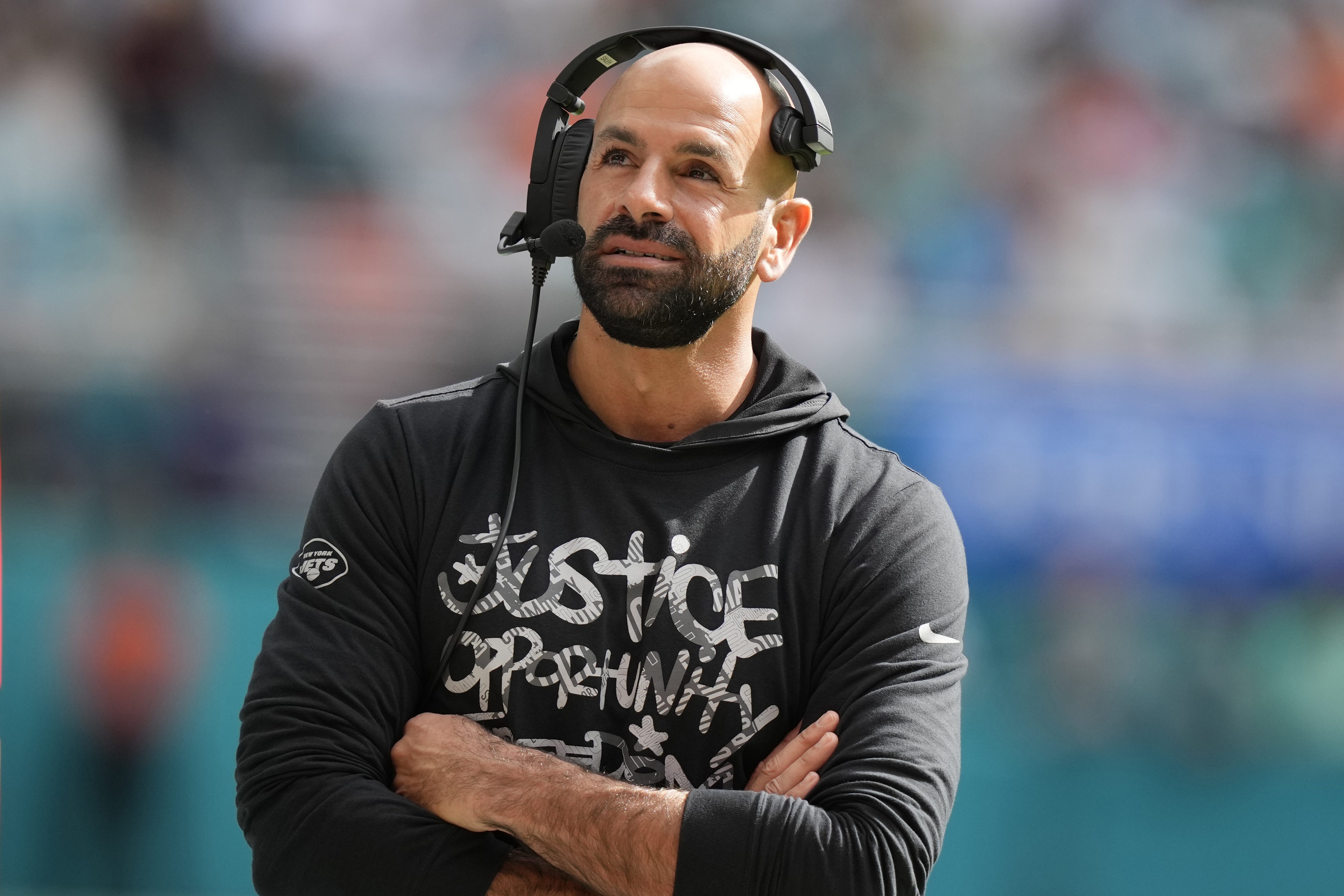 New York Jets head coach Robert Saleh looks up during the first half of an NFL football game against the Miami Dolphins, Sunday, Dec. 17, 2023, in Miami Gardens, Fla.