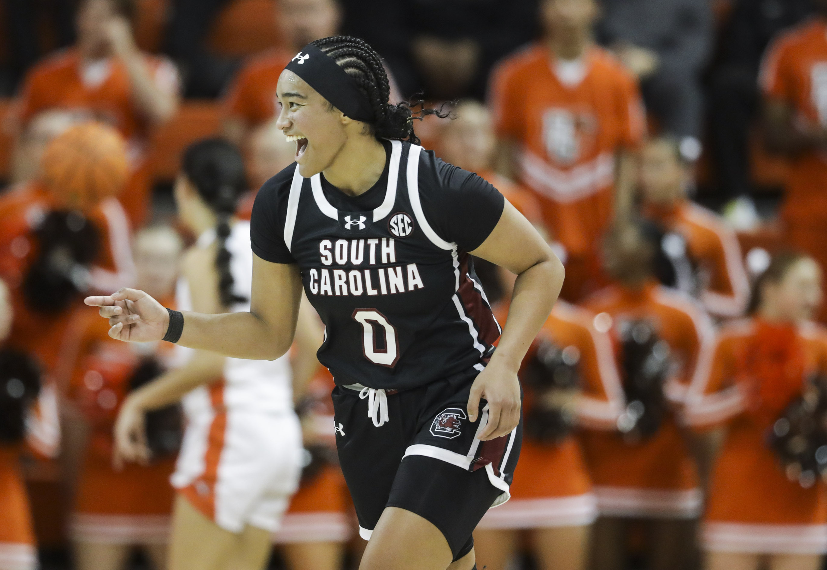 South Carolina's Te-Hina Paopao (0) smiles after a shot during an NCAA college basketball game against Bowling Green, Tuesday, Dec. 19, 2023 in Bowling Green, Ohio. 