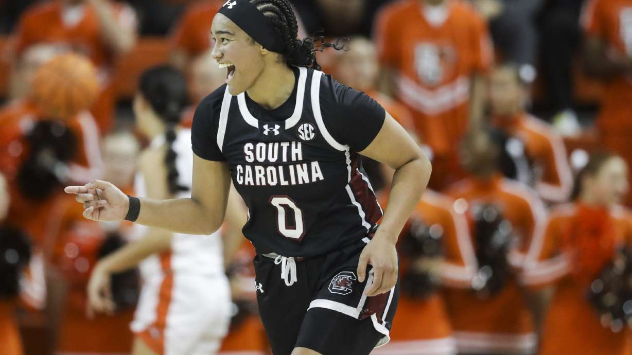 South Carolina's Te-Hina Paopao (0) smiles after a shot during an NCAA college basketball game against Bowling Green, Tuesday, Dec. 19, 2023 in Bowling Green, Ohio.